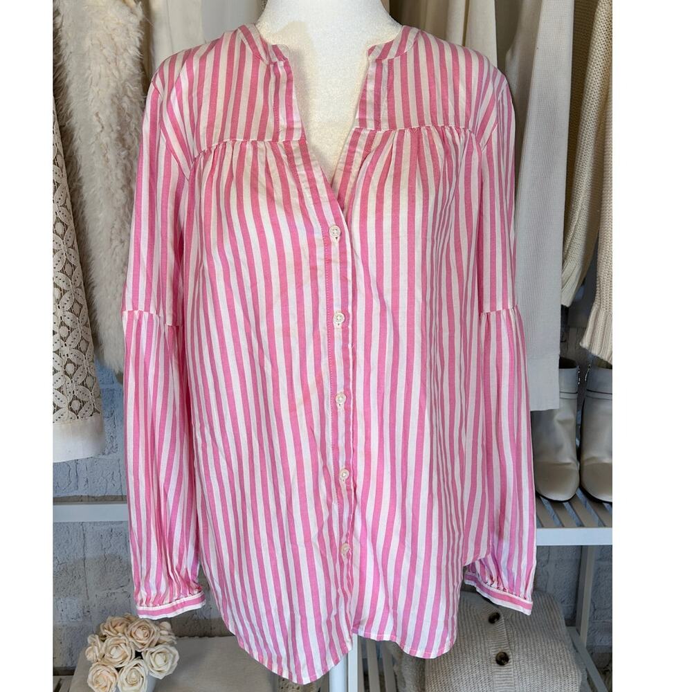 Old Navy Women's Sz M Pink & White Striped Peasant Style Button Up Blouse #0207 - Picture 1 of 8